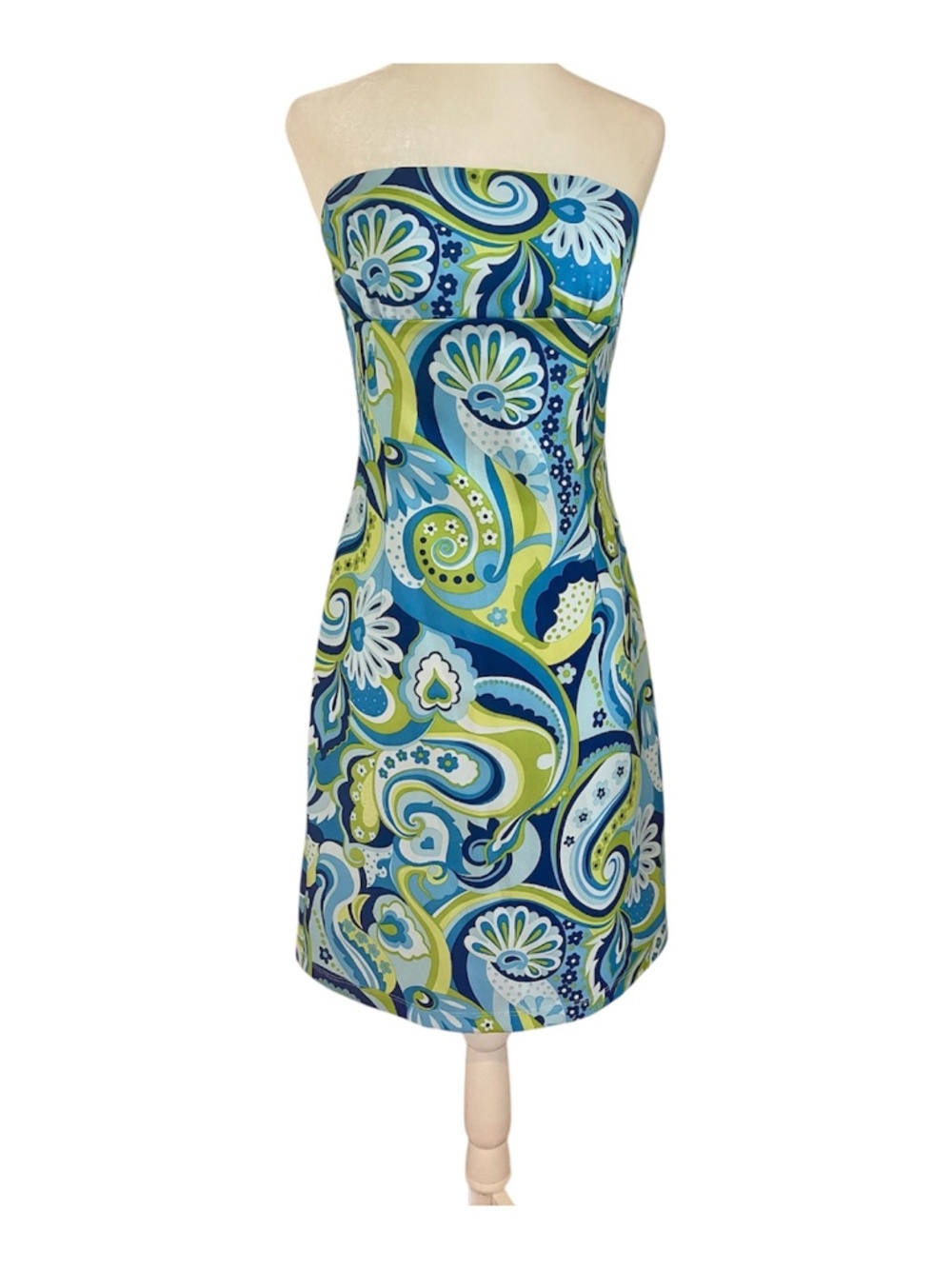 La Belle Strapless Paisley Dress Blue Green Mini A-Line USA Made Size Unknown
